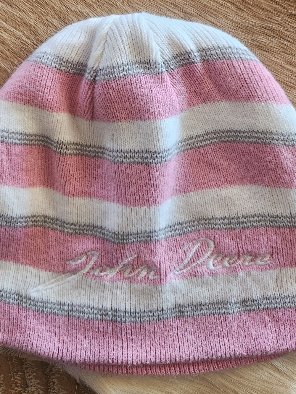John Deere Kids Pink & White Striped Beanie